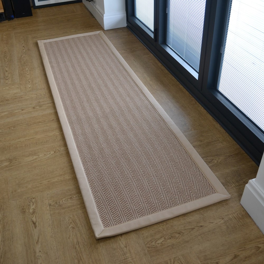 Chevron Easycare Plain Border Runner Rug in Cotswold Beige